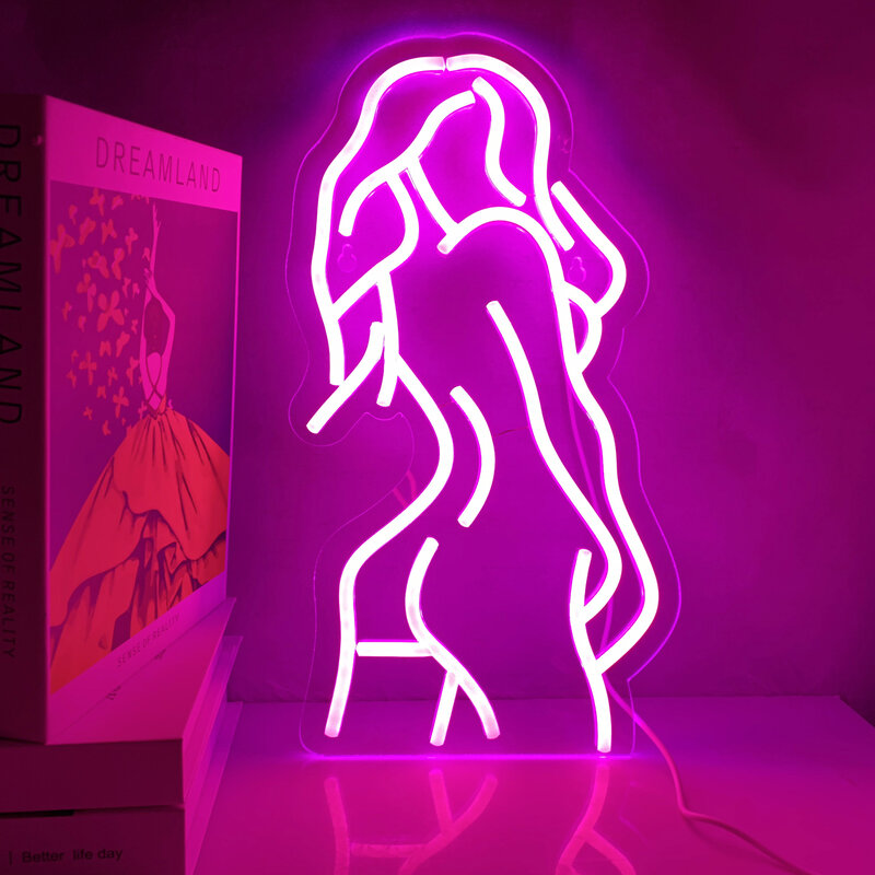 Luz LED de logotipo de néon para mulheres, costas rosa para mulheres, beleza sexy néon, decoração de ambiente do quarto