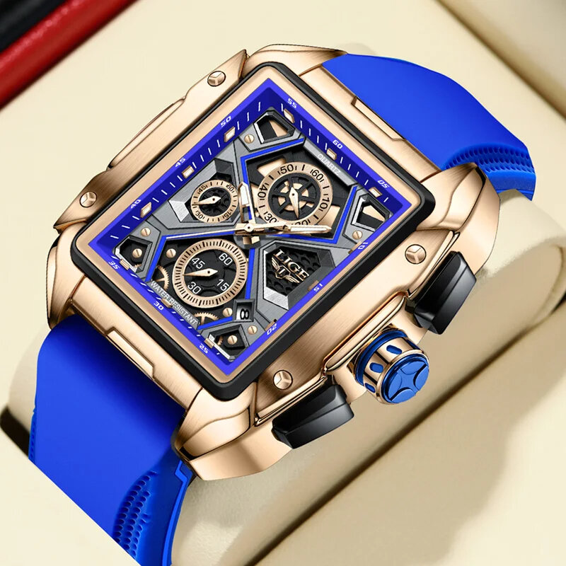 LIGE-Relógio de pulso quadrado de aço inoxidável masculino, cronógrafo, impermeável, relógio luminoso, relógio masculino, caixa incluída, moda