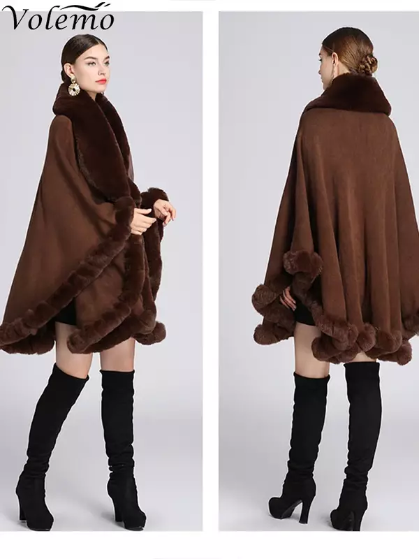 Volemo inverno elegante v lapela faux rex coelho casaco de pele capa inverno feminino grande longo xale guarnição completa malha casaco parka