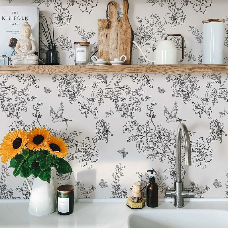 Papel de parede floral preto e branco, Peel and Stick, Papel de contato, Flores e pássaros, removível, auto-adesivo