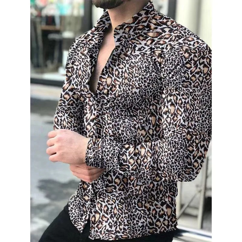 Kemeja pria 2024 kaus kerah Flip berkancing gambar macan tutul 3D kaus desainer mode lengan panjang jalanan luar ruangan lembut kasual