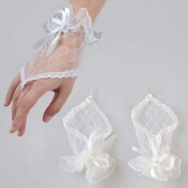 E15E Vrouwen Korte Kanten Handschoenen Elegante Prinses Formele Vingerloze Witte Wanten voor Bruiloft Diner Optocht Kostuum