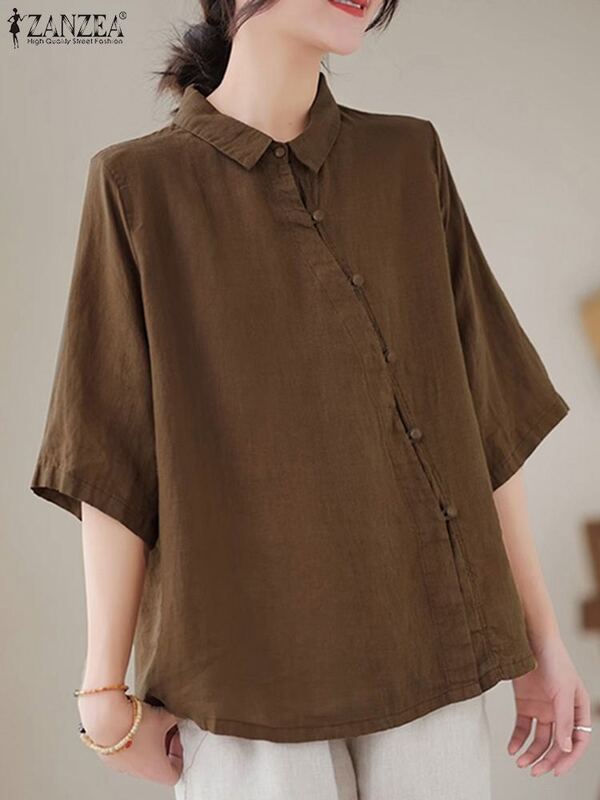 ZANZEA Streetwear solidne bluzy damskie modne koszule luźne bluzki z 3/4 rękawami 2024 letnie dekolt z klapami guziki