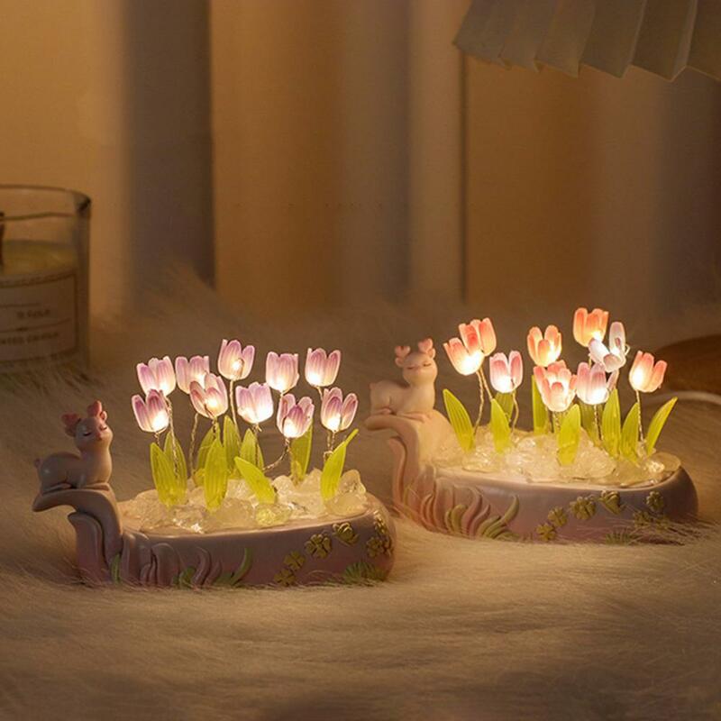 USB Powered Bedside Lamp for Kids, LED Flower Lamp, Simulado Tulip, Deer Night Light, Decoração do berçário