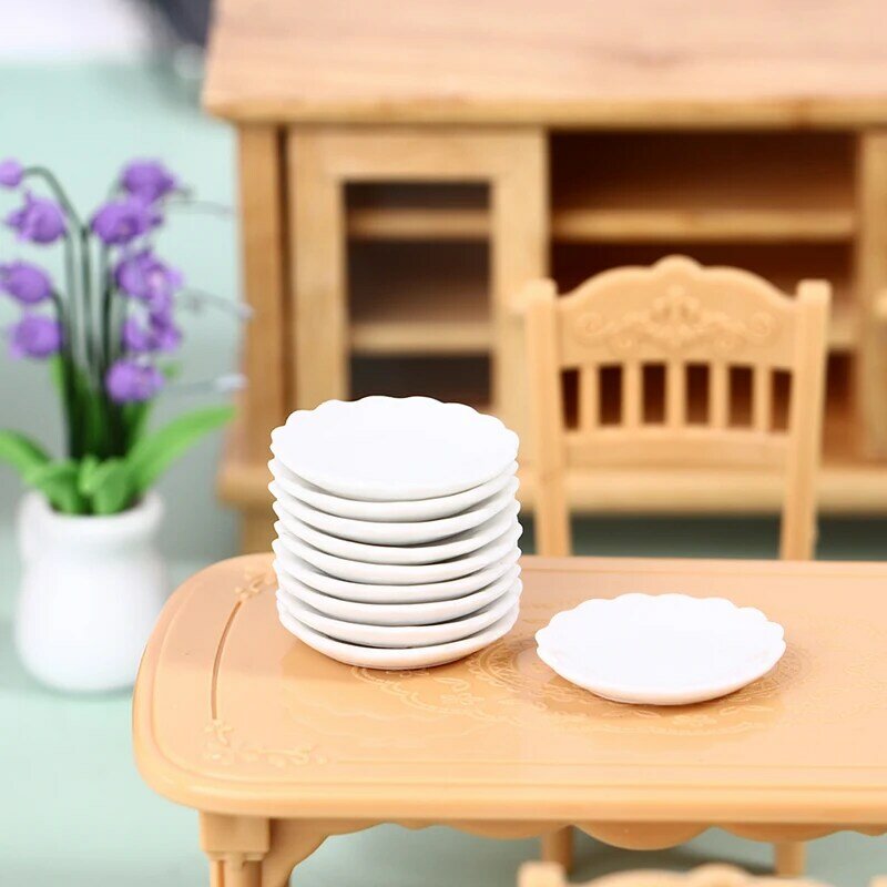 Plato de cerámica en miniatura para casa de muñecas, 2 piezas, 1:12, postre, encaje, vajilla, juguete de decoración