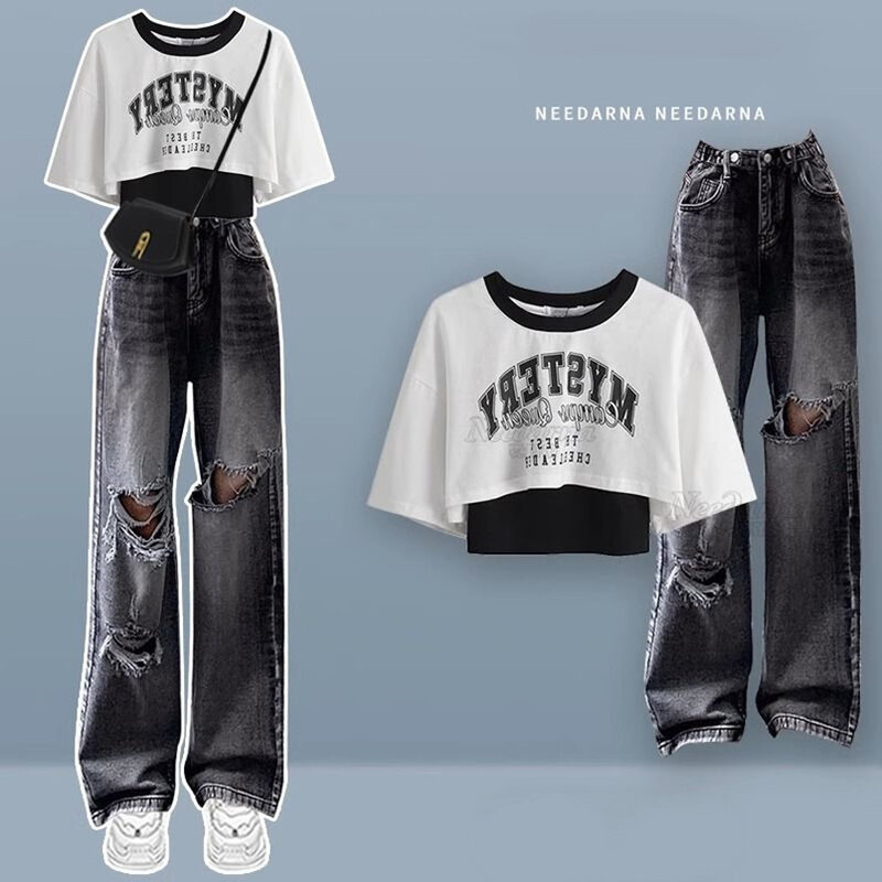Весенне-летний милый крутой комплект для девушек студенток корейская мода футболка + персонализированные рваные джинсы комплект из двух предметов