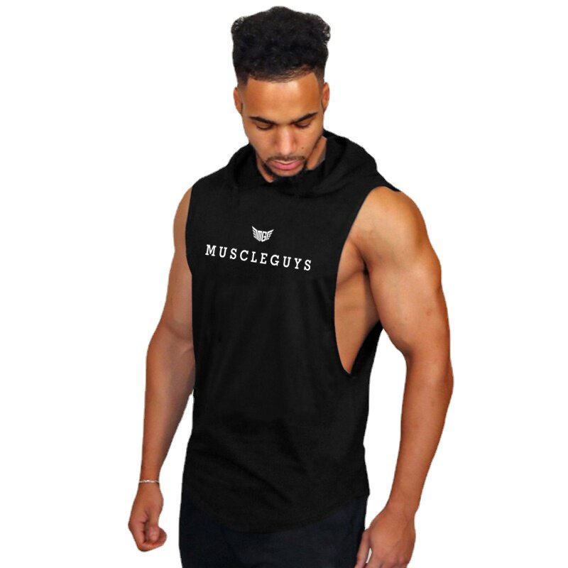 New Brand Summer Men's Bodybuilding Fitness Gym Sports Loose Letter Printed Workout Mens Casual Breathable Hoody Vest