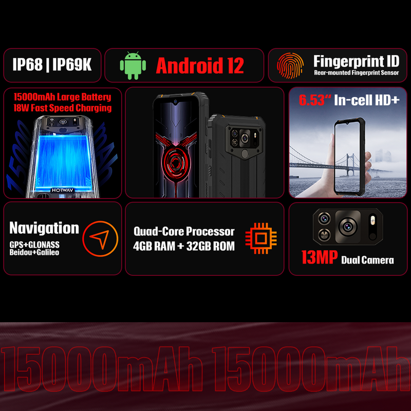 HOTWAV-견고한 대형 배터리 스마트 폰, 안드로이드 12, 휴대폰, 13 MP 카메라 핸드폰, W10, IP68, IP69K, 6.53 ''HD, 4GB, 32GB