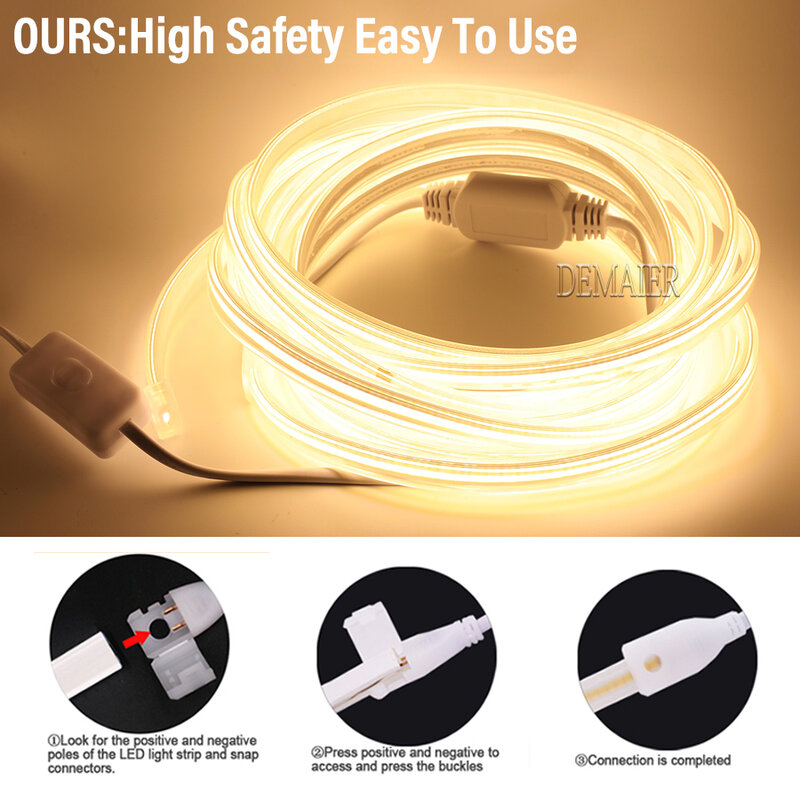 Accessoires de connecteur de bande lumineuse LED COB, clips fixes, prise UE, 12mm, 2 broches, 220V, COB 360