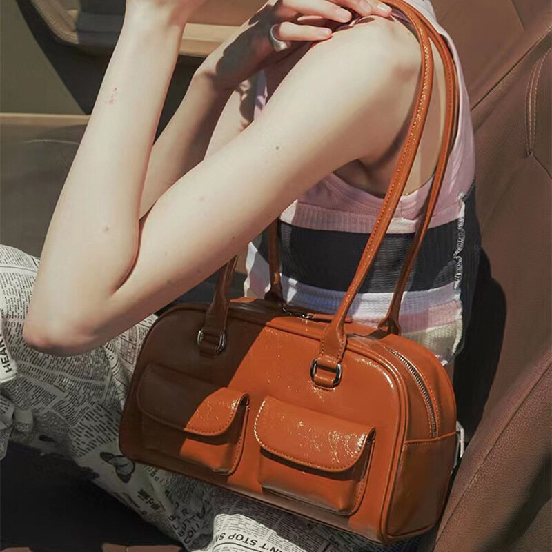 Koreanische Internet-Berühmtheit Single Shoulder Achsel Tasche Standoil Bowling Tasche stehen Öl Boston Einkaufstasche Freizeit Handtasche für Frauen