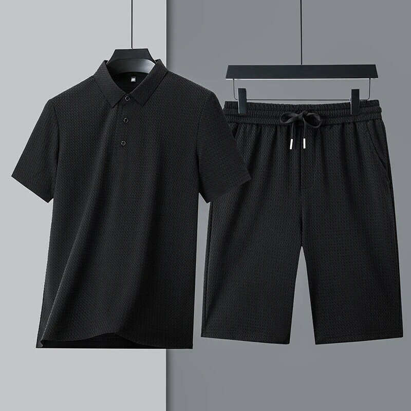 Бесшовная шелковая рубашка-поло с коротким рукавом, мужская летняя деловая Повседневная дышащая футболка и шорты, комплект из двух предметов