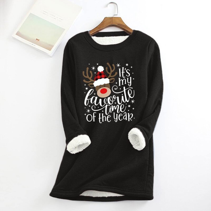 Женская рождественская флисовая толстовка с длинным рукавом, пуловер с надписью Лось и принтом на Рождество, зимняя теплая плюшевая подкладка, Свитшот оверсайз
