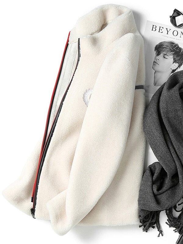 Tcyeek-Manteau en peau de mouton pour homme, veste courte en fourrure, col montant en laine, LM234