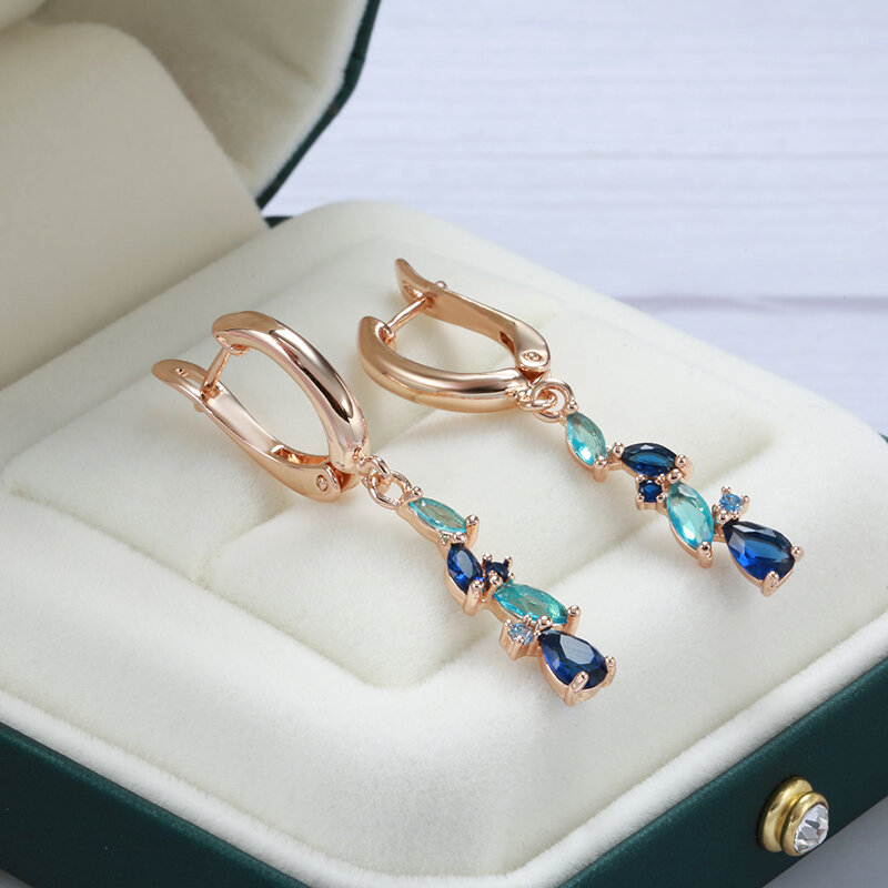 SYOUJYO nowy 585 różany złote kolczyki dla kobiet luksusowy niebieski naturalny długie zwisające kolczyki Dangle biżuteria ślubna z liściem cyrkonu