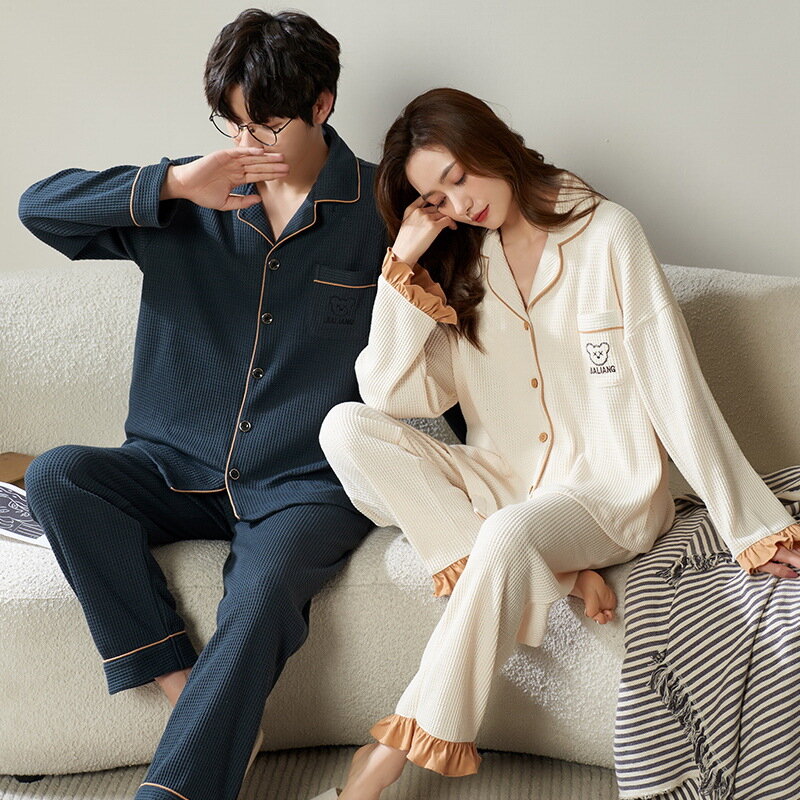Conjuntos de pijama de algodão masculino e feminino, calças de manga comprida, colarinho para baixo, terno de pijama sólido para casal, outono, inverno