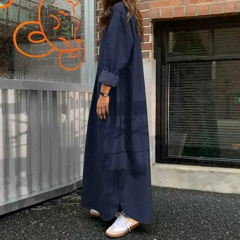 2024 Frauen lose Freizeit kleid Denim Farbe koreanische Vintage Kleid Robe Streetwear elegante Langarm solide Maxi kleid Vestidos