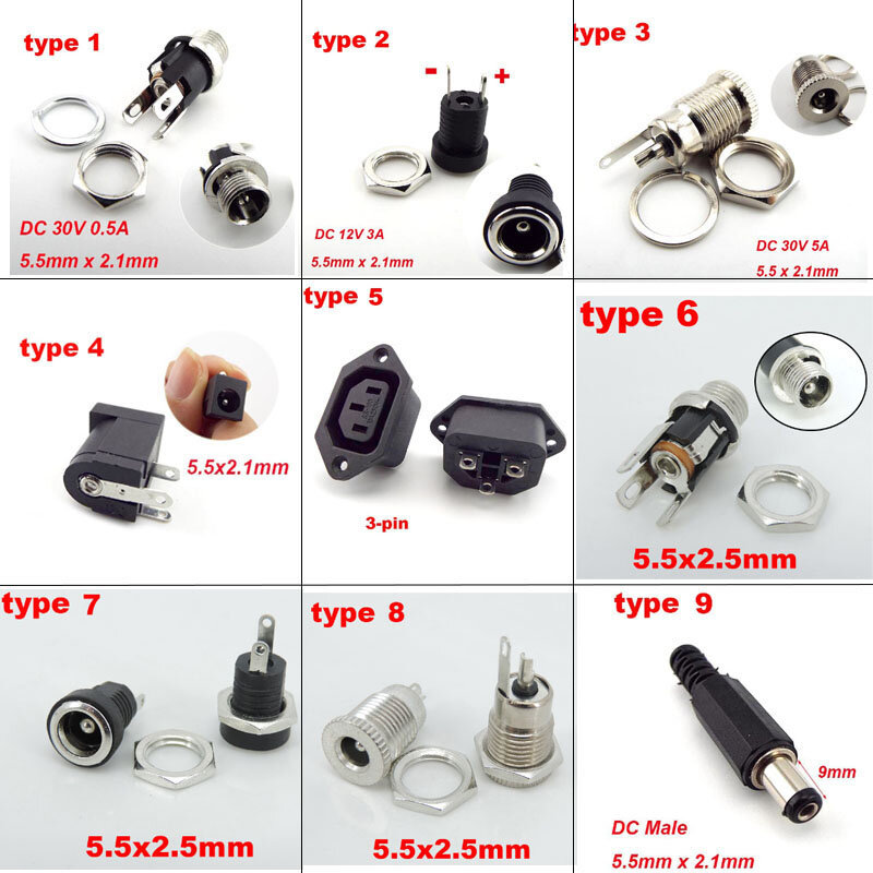 DC 025 099 022 male Female Connector 5.5x2.1mm 5.5*2.5mm Power Jack plug Socket Nut Panel Mount waterproof cover right angle t1