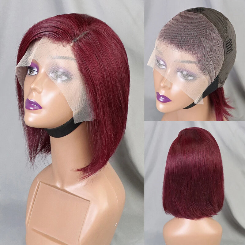 Perruque Bob Lace Front Wig naturelle brésilienne Remy, cheveux lisses, bordeaux, coupe Pixie, pre-plucked, 13tage