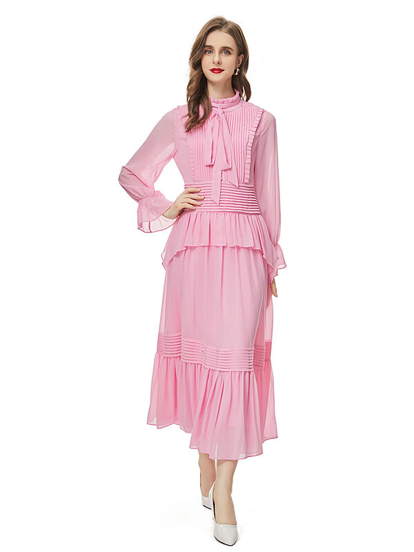 Vestido de passarela rosa plissado feminino, vestido longo casual, manga flare, doce bonito, alta qualidade, moda luxuosa, primavera