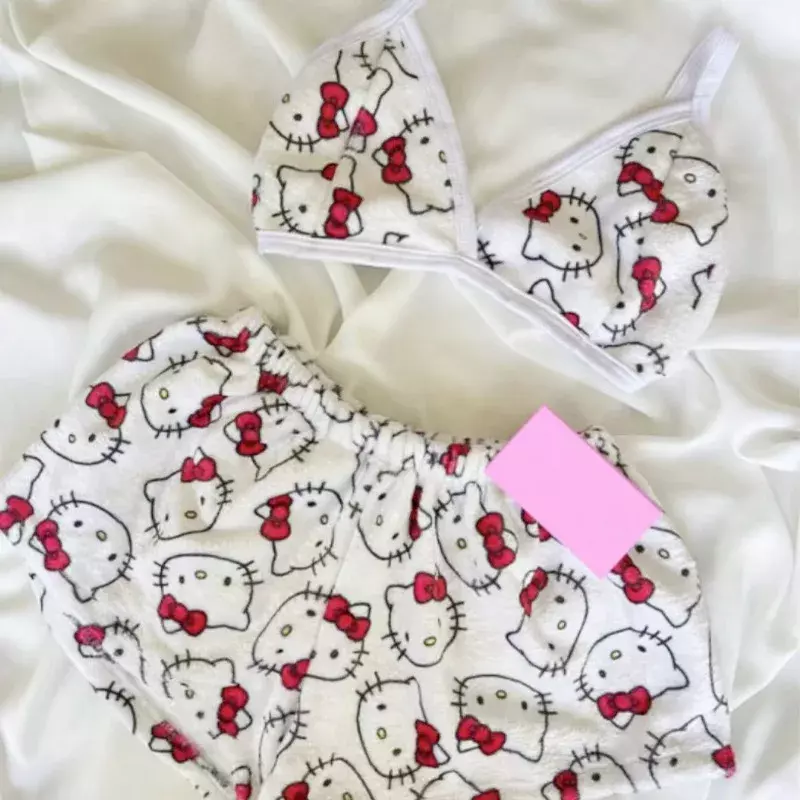 Miniso Sanrio-pijama holgado de Hello Kitty para mujer, ropa de casa de dos piezas con dibujos animados, ropa de playa para verano