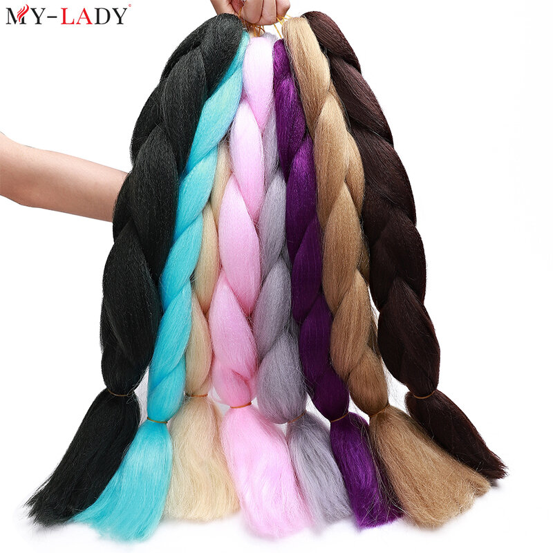 My-Lady-Jumbo tranças extensões de cabelo, sintético único, duplo rabo de cavalo, arco-íris, Ombre cor, Crochet trança, atacado, 24"