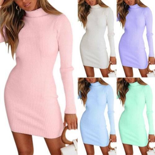 Womens High Neck Knitted Slim Bodycon Sweater Dresses Stretchy Jumper Dress