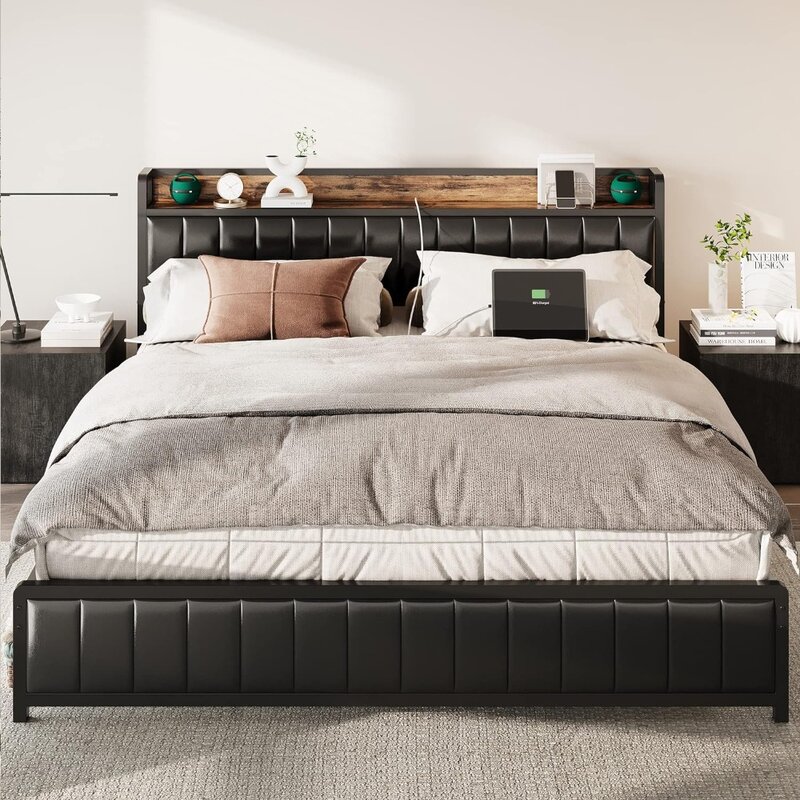 Marco de cama King con cabecero de almacenamiento y reposapiés, cama de plataforma tapizada con puertos y salidas USB, soporte de listones de acero fuerte