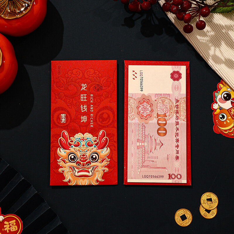 Paquet d'enveloppes rouges CNY pour le nouvel an chinois, sac porte-bonheur, design de dessin animé, festival du printemps, long, 2024, 6 pièces par paquet