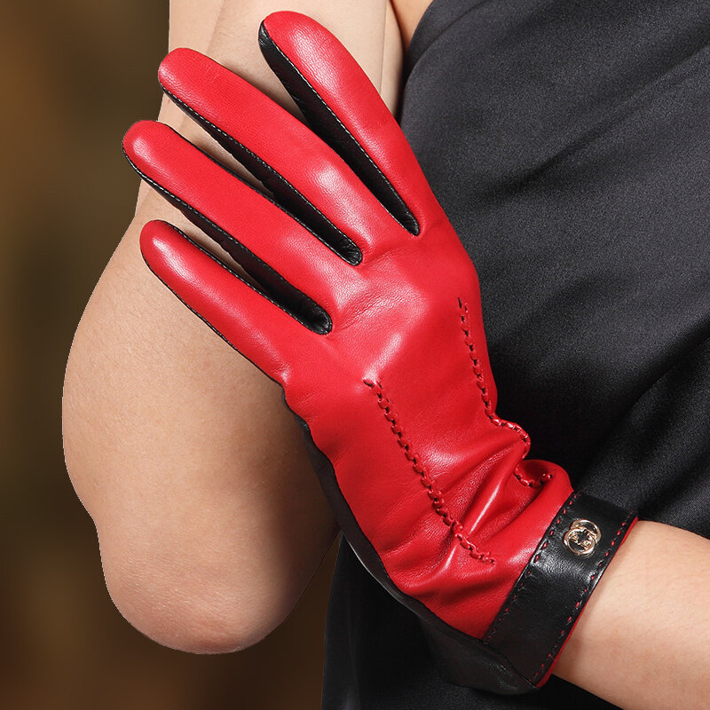 Damskie skórzane rękawiczki modne dwukolorowe jesienno-zimowe termiczne aksamitne z prawdziwej owczej skóry rękawiczki do jazdy kobiet L169NC2