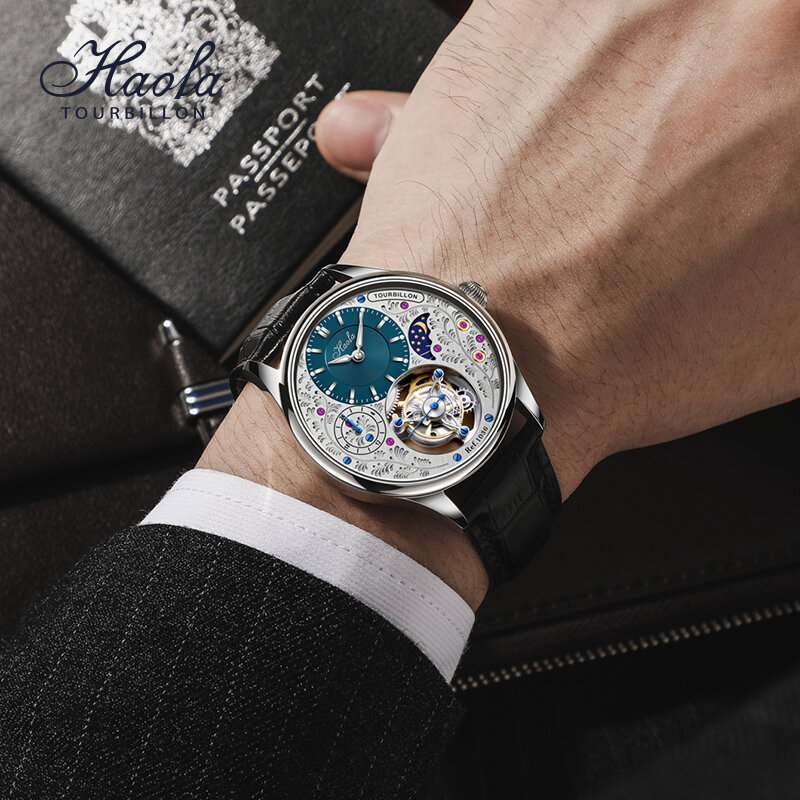 Relógios mecânicos Haofa-GMT Tourbillon manual para homens, dia e noite, safira gravada, relógio de pulso de luxo, 1036