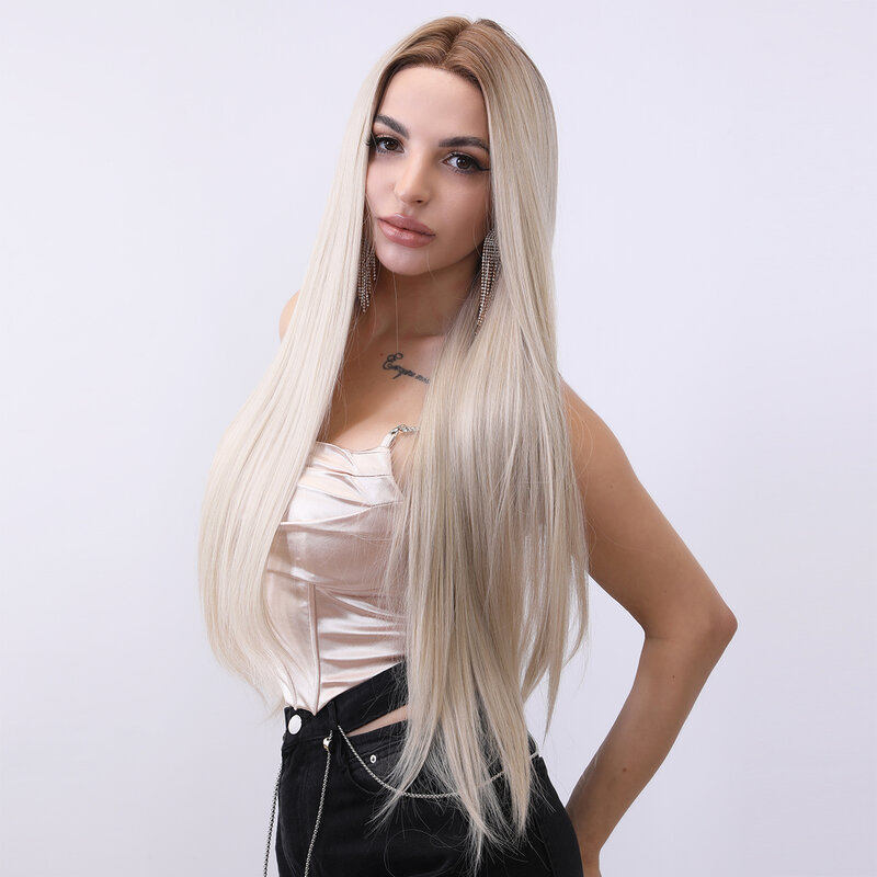 Smilco 32 Inches Omber Blonde T-Part 13X5X1 Lace Front Synthetic Straight Wig Invisible Lace Front Preplucked Wig Heat Resistant