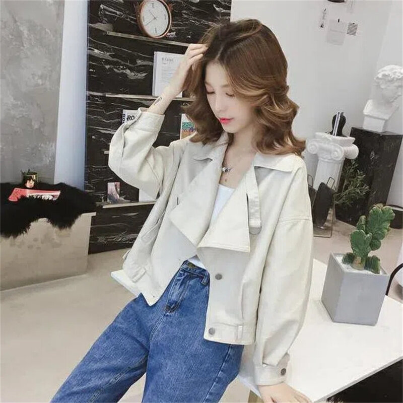 2023 Fashion Design PU Leather Short Jacket Women Spring Autumn Moto Coat Lady Loose Outerwear Students BF Casual Tops Jackets