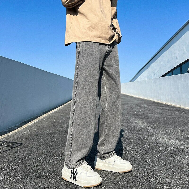 Calça jeans de perna larga masculina estilo coreano, jeans solto reto, casual para estudante, hip-hop de rua, preta cinza azul, nova