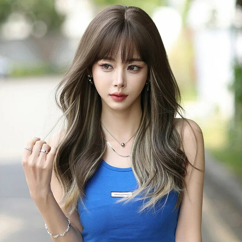 NAMM High Density Synthetic Ombre Brown Wig for Women Costume Wig Fashion Long Body Wavy Highlight Beige Wigs with Bangs