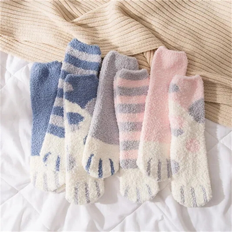 Calcetines térmicos de lana de Coral para mujer, medias gruesas, cálidas y suaves, con diseño de rayas de Pata de Gato, para dormir, para Otoño e Invierno