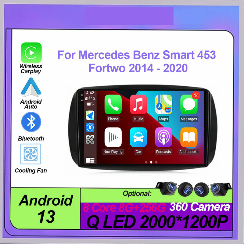 Leitor multimídia Android 13 Car Radio, Carplay, Headunit estéreo, Auto rádio, QLED, DSP, Mercedes Benz, Smart 453, Fortwo, 2014-2020