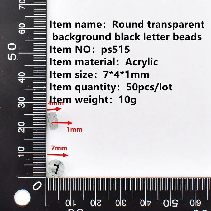 Perles Rondes en Acrylique pour la Fabrication de Bijoux, Fond Transparent, Lettres Noires, 7x4x1mm, 50 Pièces/Lot