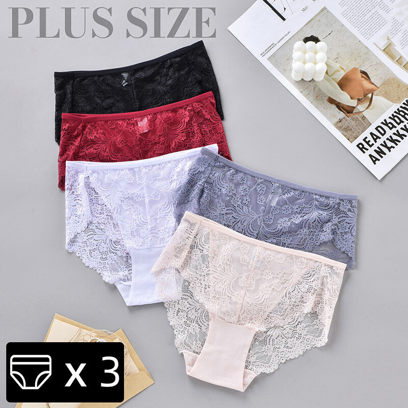 3Pcs S-4XL Plus Size Lace Lingerie Panties High-Waist Women Underwear Floral Sexy Lingerie Soft Female Briefs Comfort Intimate