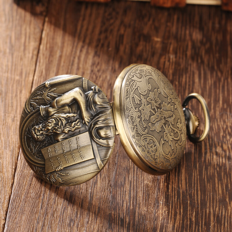 นาฬิกาควอทซ์โบราณโบราณดีไซน์คัมภีร์ไบเบิ้ลย้อนยุคศาสนาบรอนซ์วินเทจจี้นาฬิกากระเป๋านาฬิกาผู้ชาย