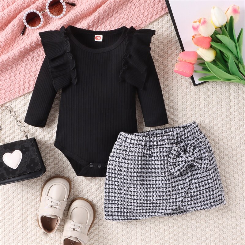 Toddler Baby Girl Outfits Fall Winter Clothes Turtleneck Ribbed Long Sleeve Ruffle Knit T-Shirt Tops Plaid Mini Skirts Set
