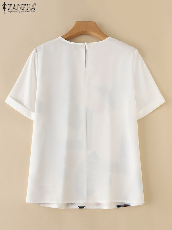 Zazea-قمصان قصيرة الأكمام للنساء ، بلوزة غير رسمية فضفاضة مطبوعة هندسية ، قمم مستديرة الرقبة ، أزياء سترة بسيطة ، الصيف ،