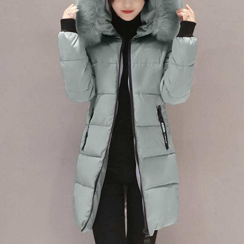 Women Winter Cotton Coat Padded Stuffed Hooded Mid Length Windproof Warm Zipper Pockets Zip Up Slim Fit Down Coat Lady Clothes
