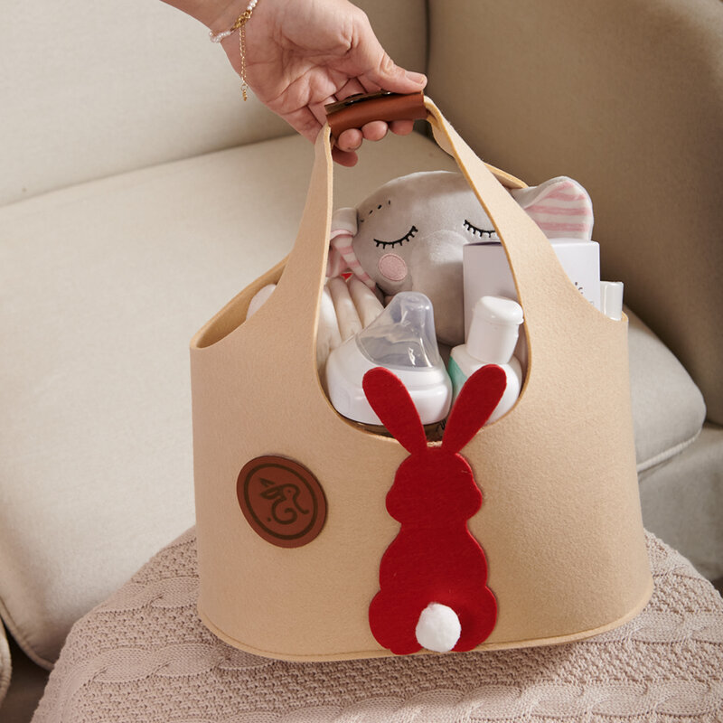Sunveno-Bolsa de pañales de fieltro festiva con Adorable conejito de Navidad rojo, elegante y práctico organizador de artículos esenciales para bebé