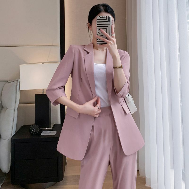 2024 Summer New Candy Color Unlined Thin Jacket Blazers Pencil Pants Two Piece Set Elegant Women's Office Business Set