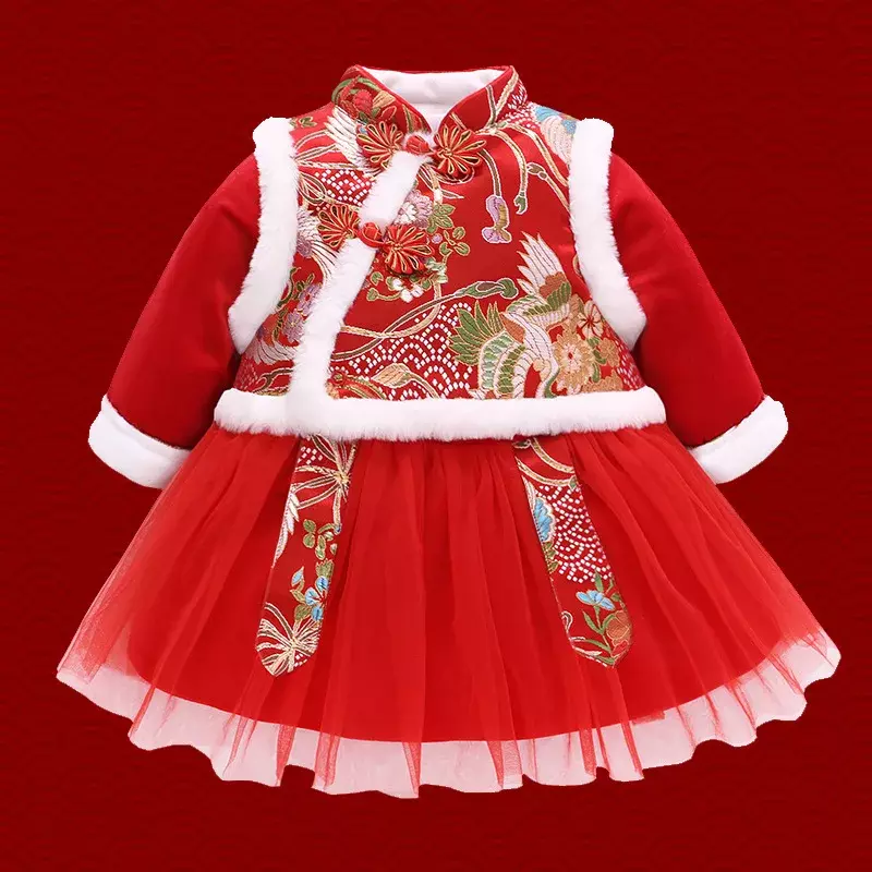 Girls' Cheongsam Dress Suit Baby Chinese New Year Tang Suit Skirt Princess Dress+Top Sets Toddler Kids Warm Thick Outfit Gift