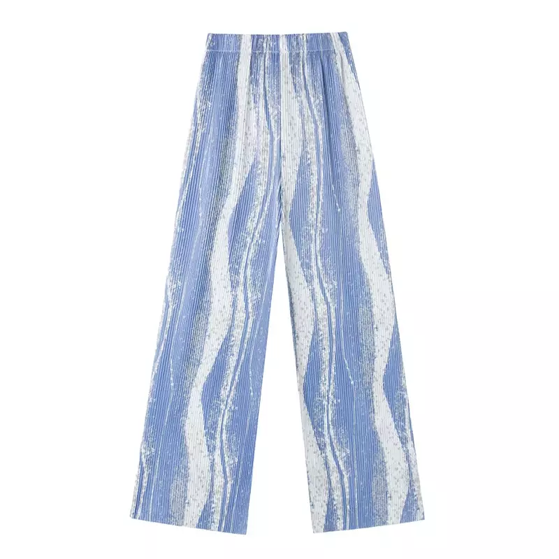 Women Casual High Waist Pleated Pants 2024 Chic Tie Dye Water Ripple Female Loose Wide-leg Trousers Ladies Summer Full Pant Pop