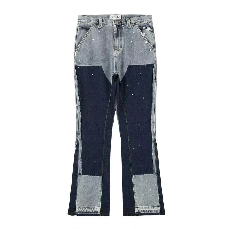Calça jeans preta com grafite para homens, patches vintage de hip hop, tinta salpicada, jeans de perna larga, jeans lavado Y2k, 2023