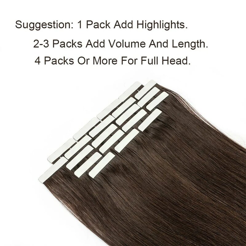 Fita em extensões de cabelo para mulheres, cabelo humano, castanho escuro, sem costura, invisível, #2, 50g por embalagem