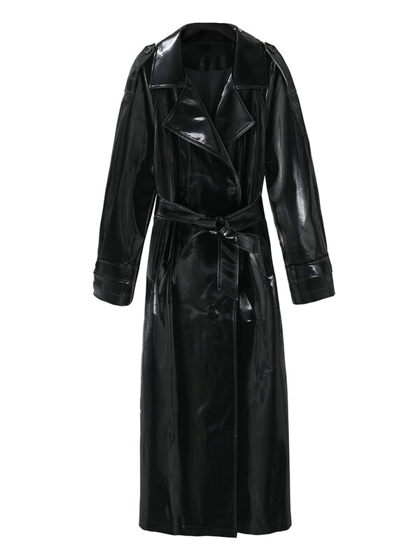 Lautaro primavera outono longo brilhante reflexivo patente couro trench coat para as mulheres faixas designer de luxo pista moda europeia