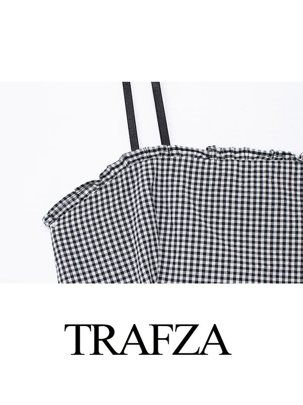 TRAFZA-Mini Robe à Carreaux pour Femme, Décolmétrage Slash, Dos aux, Fente Latérale, Décorer, Fermeture Éclair, Mode Sexy, Été